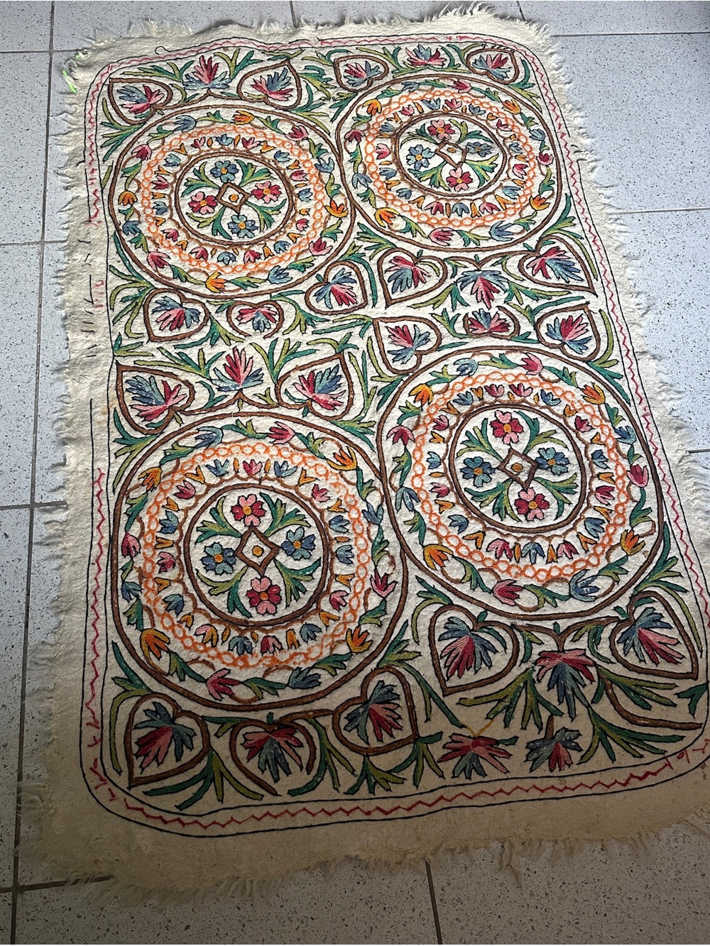 Vintage Kashmiri Namda Hand-Embroidered Wool Rug / Textile, Approx. 4’ × 6’
